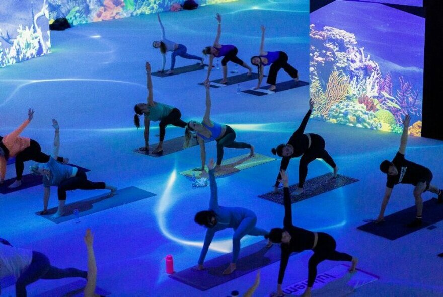 People exercising in a blue-lit immersive space with dramatic lighting and effects.