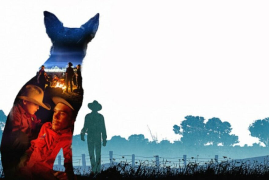 Depiction of a dog, the outline filled with jackaroos around a campfire, next to the image of a jackaroo walking through a fenced pasture.