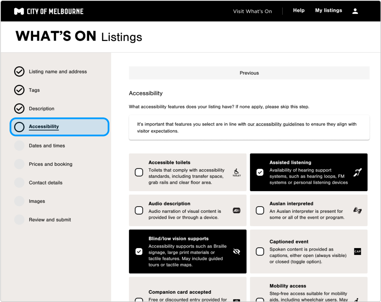 Depicts location where Accessibility Features are selected within the Listing Creation Wizard
