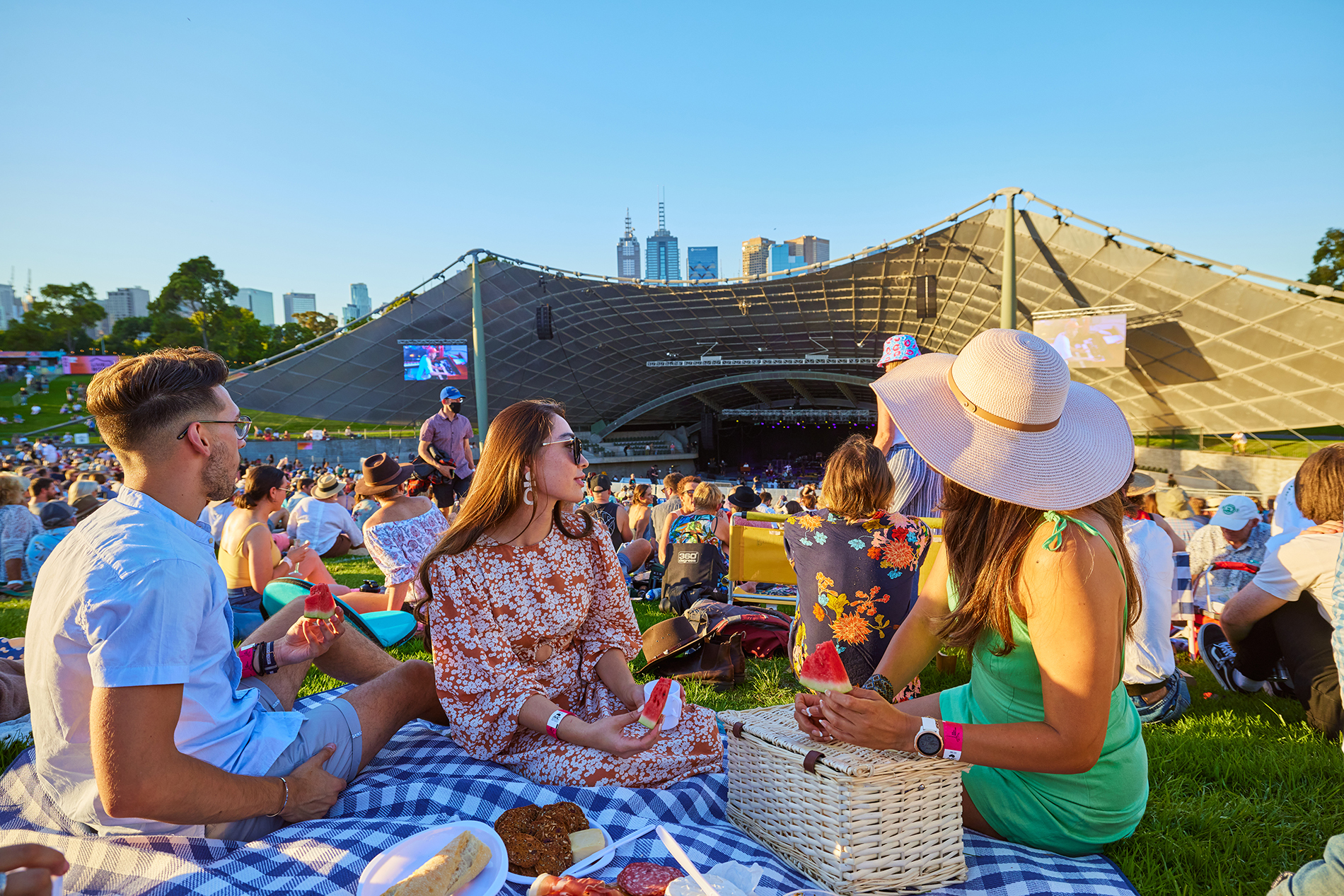 A group of friends picnicking at the Music Bowl.