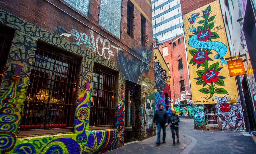 Two people walking through a laneway covered in street art.