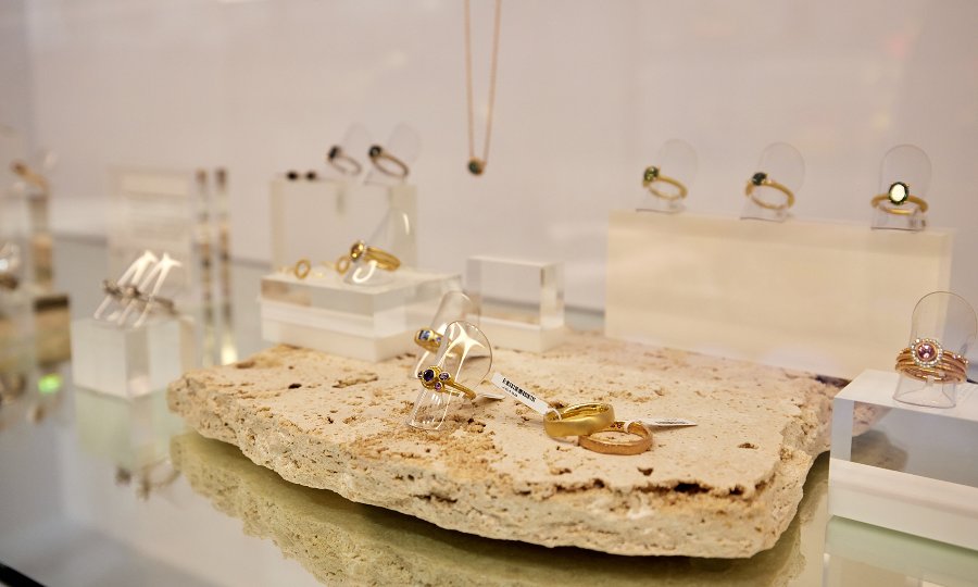 A ring display in a jewellery shop.