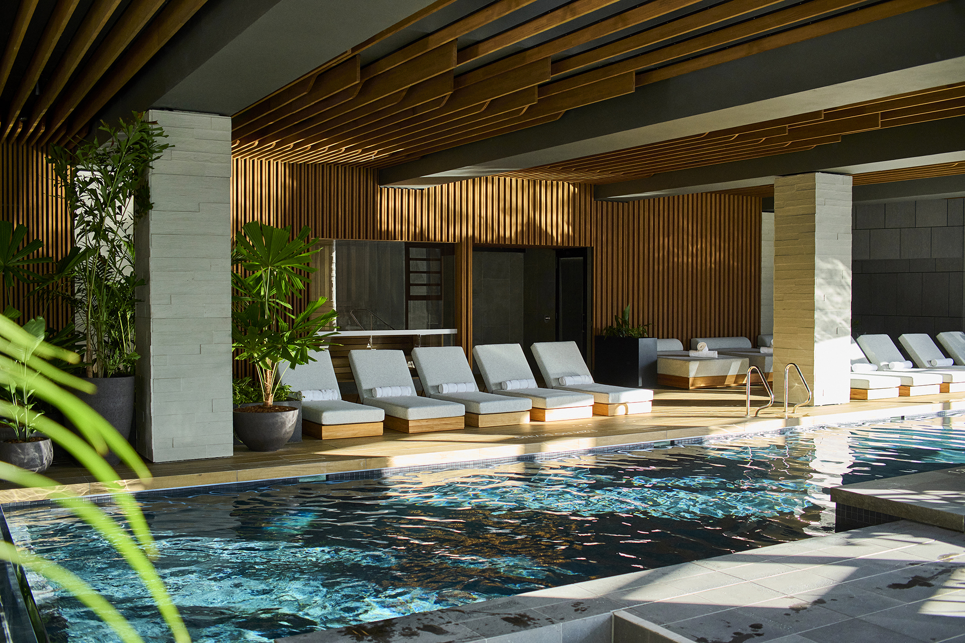 A hotel pool with a row of sun lounges.