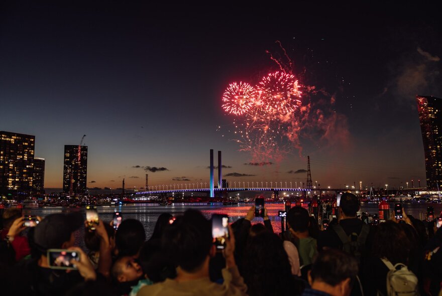 Fireworks in the night sky over the Bolte Bridge in Melbourne.