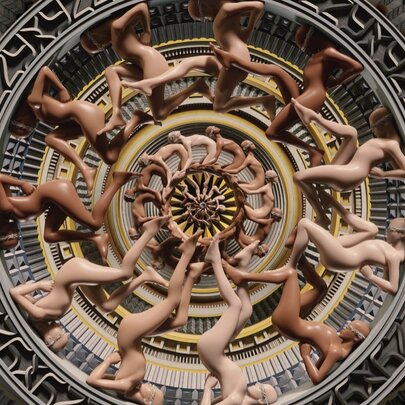 Still from an immersive cinematic experience featuring surreal architecture and drawings of humans transformed into video.