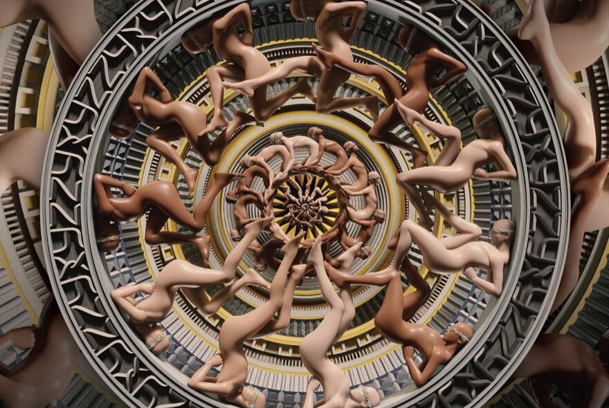 Still from an immersive cinematic experience featuring surreal architecture and drawings of humans transformed into video.