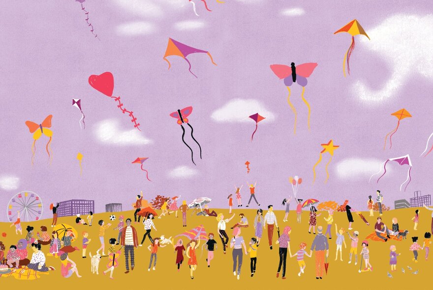 An illustration depicting a mauve sky filled with colourful kites, and a yellow ground with families and children enjoying picnics and walking hand-in-hand.