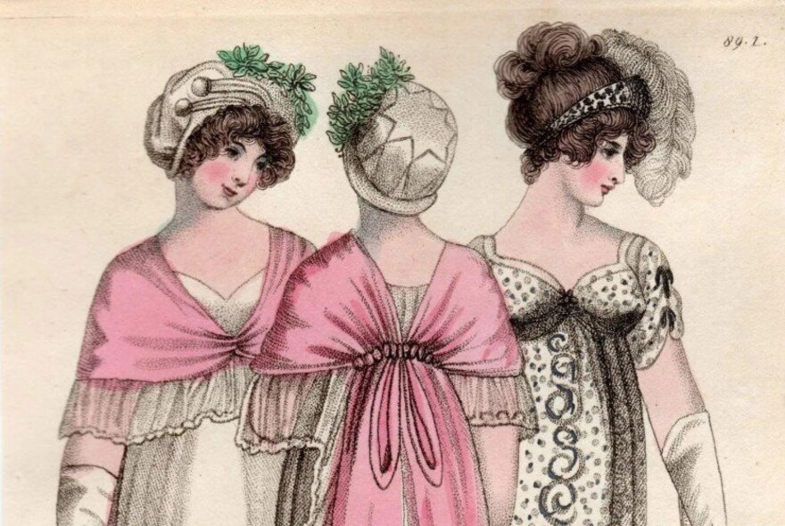 A drawing of three women in Regency fashion dating from 1805.
