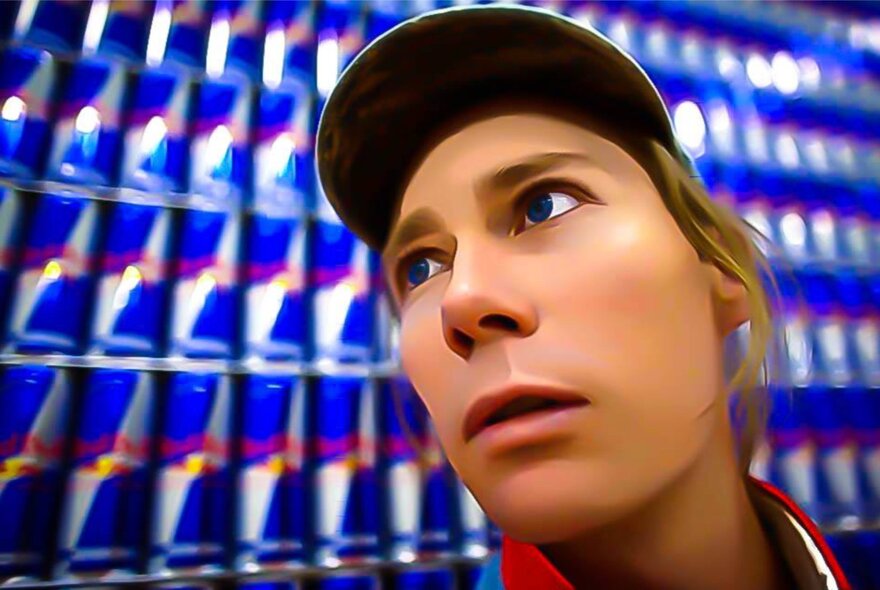 A person wearing a cap and looking off camera, in front of a wall of stacked Red Bull cans.