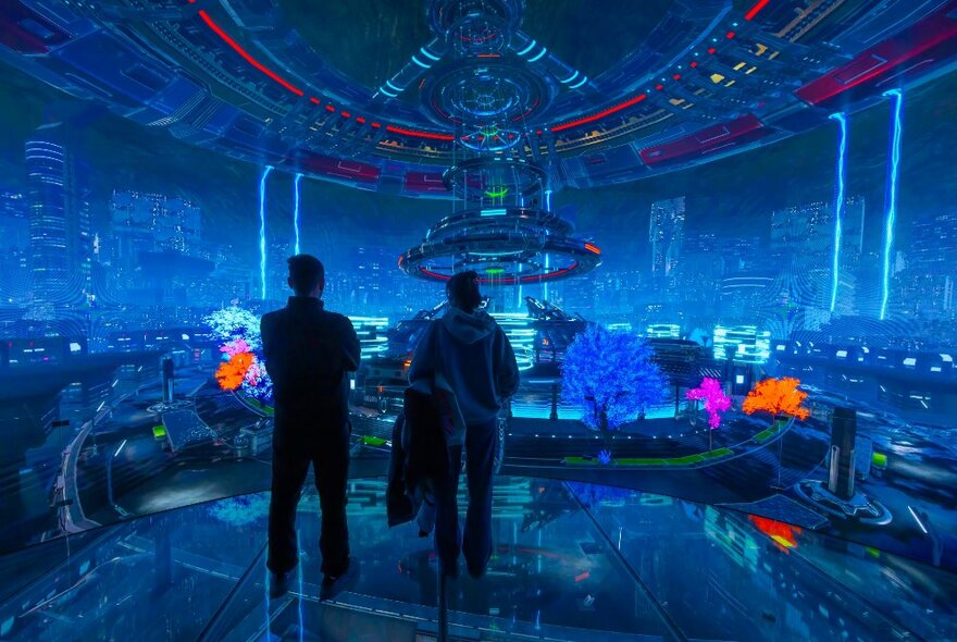 Two people standing in an immersive room at Dreamskape surrounded by a virtual reality projection of interior of a spaceship.