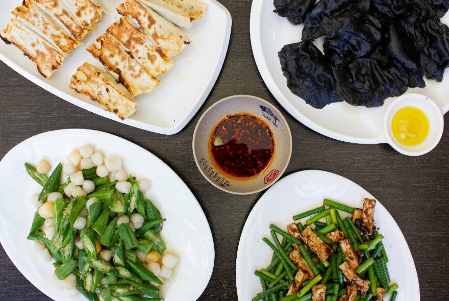 Plates of Chinese food.