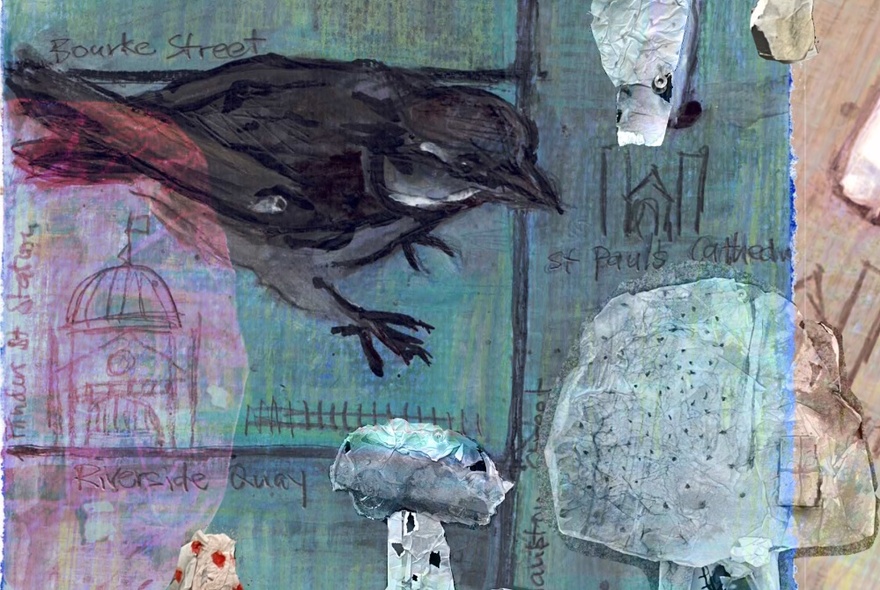 Collage artwork featuring a black bird and funghi-like structures. 