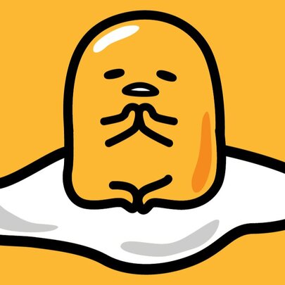 Gudetama, the cartoon egg, sitting with hands clasped. 