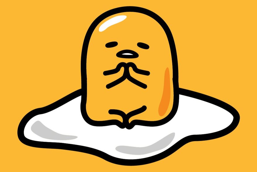 Gudetama, the cartoon egg, sitting with hands clasped. 
