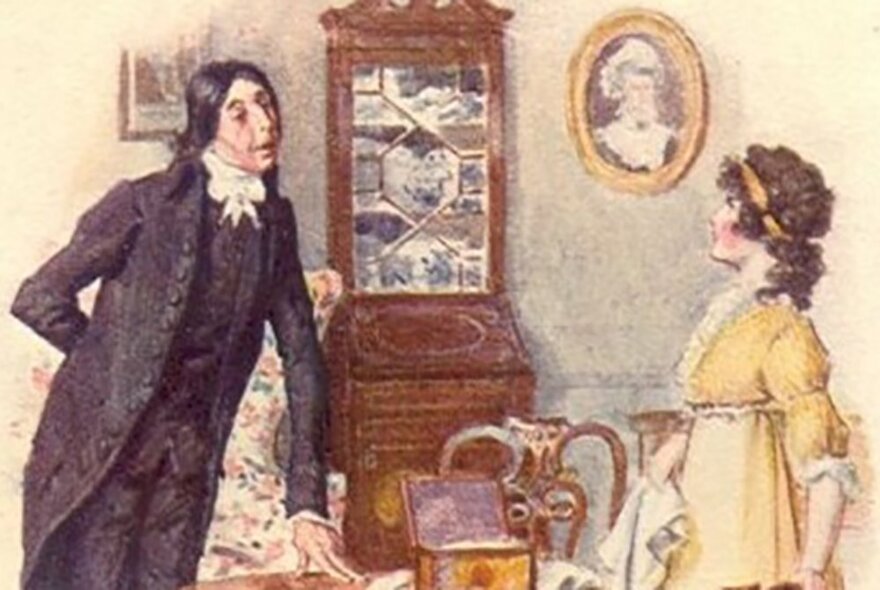 Coloured illustration from a Jane Austen novel, showing a man and woman in Regency style clothing, facing each other in a drawing room, a wooden display cabinet on the wall behind them.