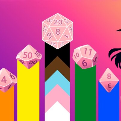 Silhouettes of fantasy characters and colourful dice balanced on rising bar charts.