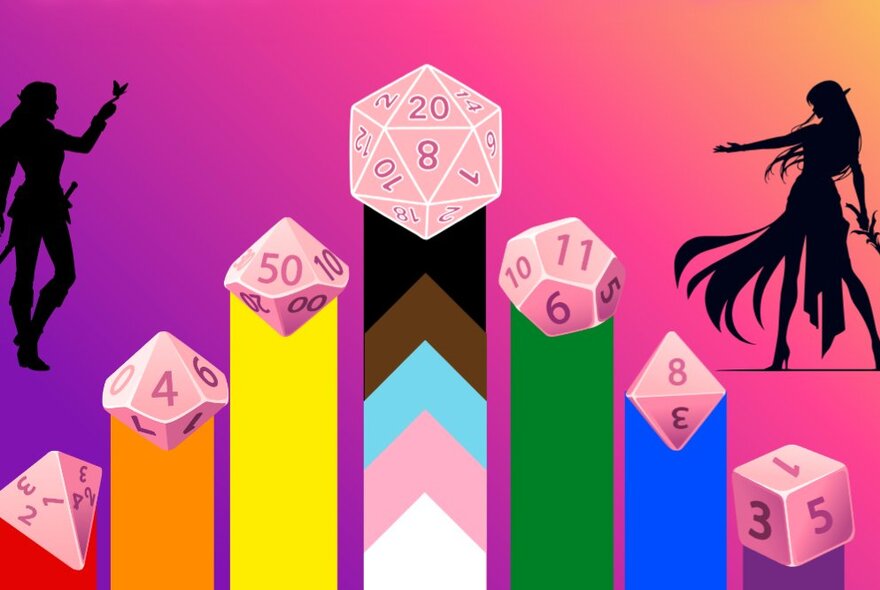 Silhouettes of fantasy characters and colourful dice balanced on rising bar charts.