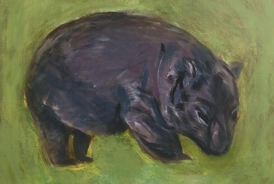 A painting of a wombat against a light green  background.