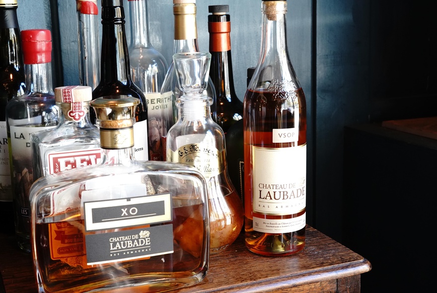Bottles of spirits on a table.