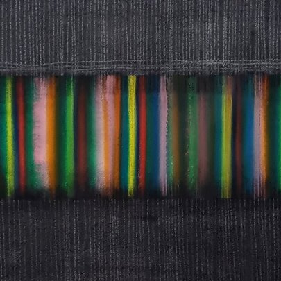 Artwork on paper of coloured vertical stripes with a grey border created by charcoal and gouache.