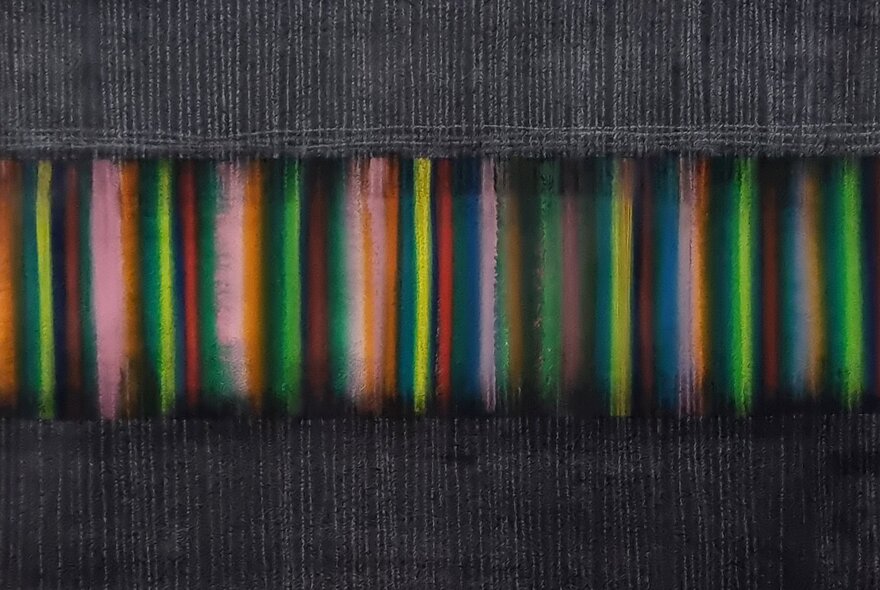 Artwork on paper of coloured vertical stripes with a grey border created by charcoal and gouache.