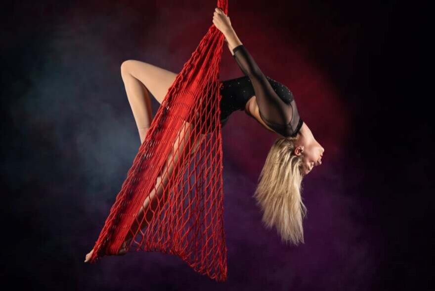 Performer in mid-air using ropes and netting to swing herself, her head leaning back and her hair falling behind her.