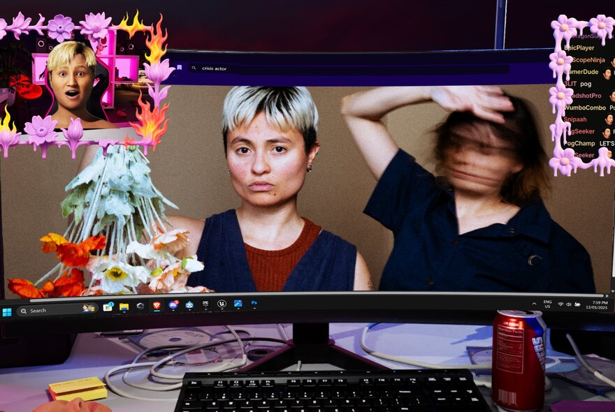 A computer monitor on a desk showing two people and small inset screens with flowers.