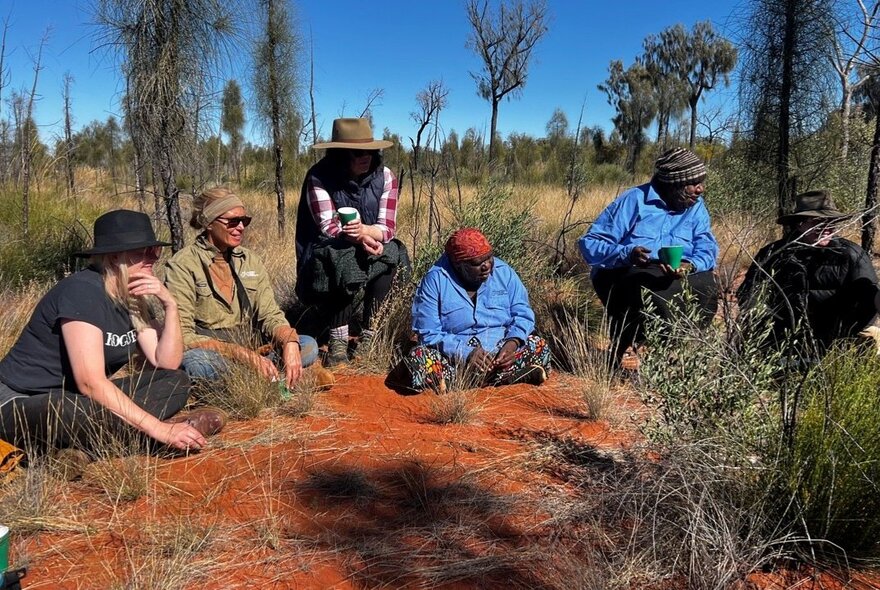 People gathered in a semi-circle in an outback setting with red earth and sparse trees. 