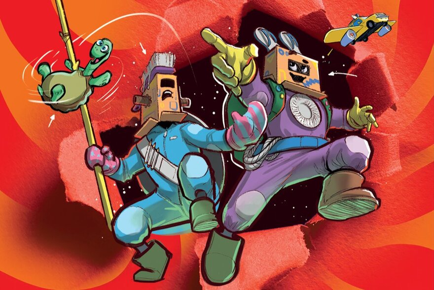 An illustration from the book 'You & Me and the Land of Lost Things', of the two cartoon characters, You and Me, wearing cardboard box helmets and space suits, on an adventure.