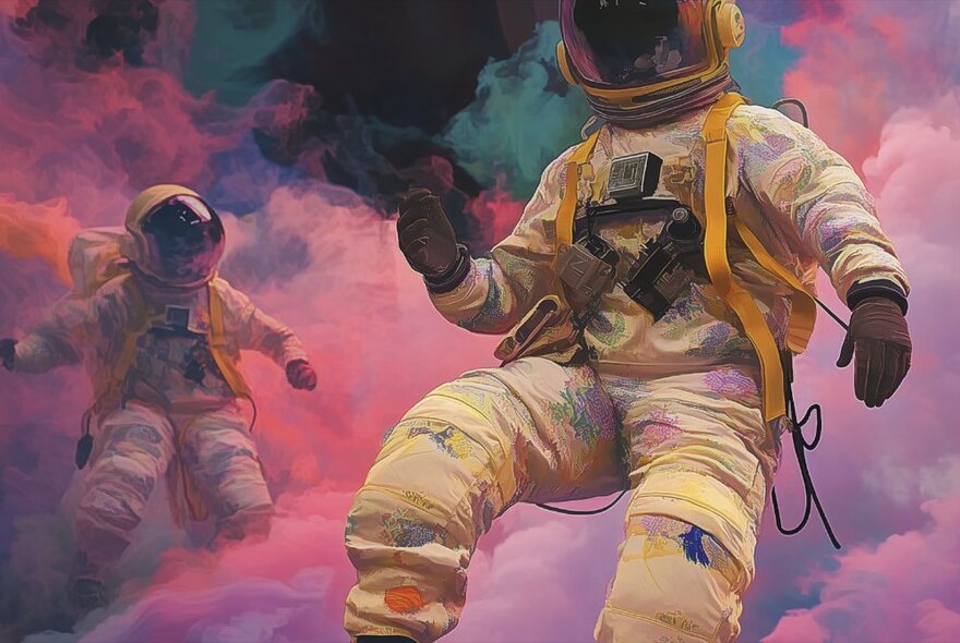 Two astronauts in spacesuits, floating in purple, pink and teal-coloured clouds.