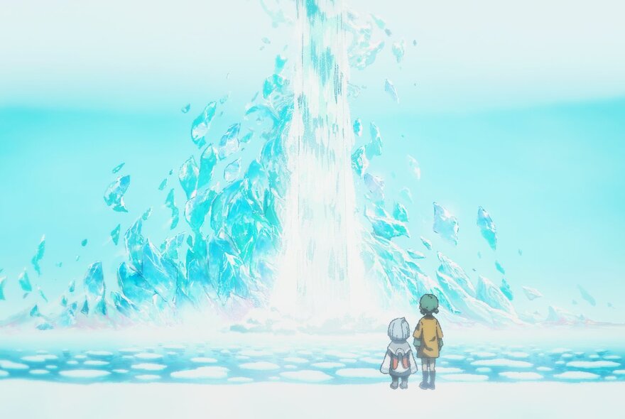 A still image from an animated film showing two small figures staring at a large spurt of water rising from the ocean. 