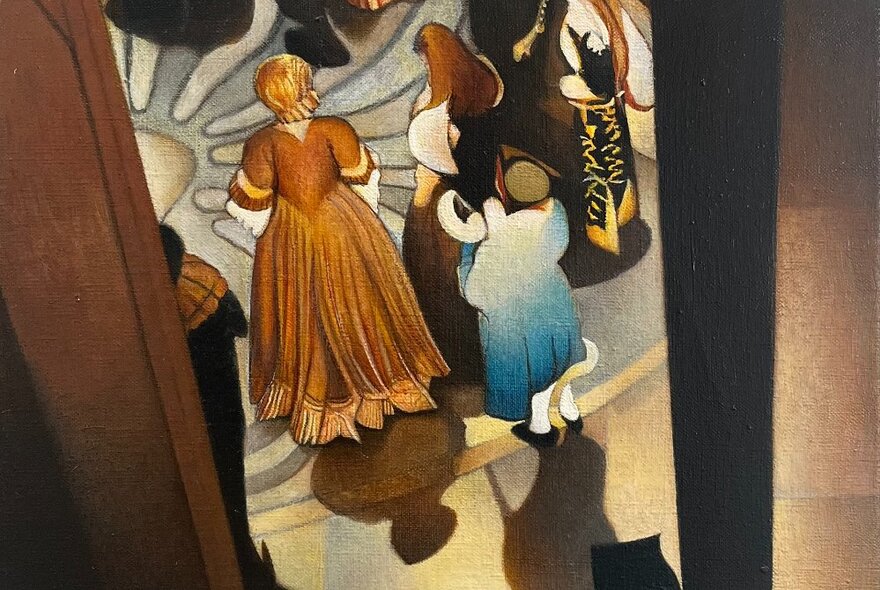 Wood-carving artwork depicting a scene looking down onto costumed performers on stage.