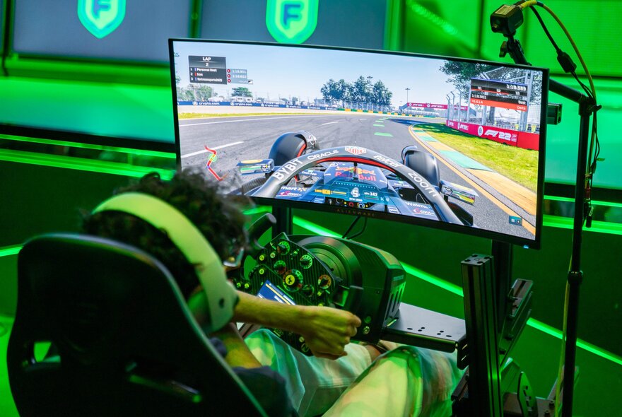 F1 Grand Prix game with realistic drivers seat and screen.