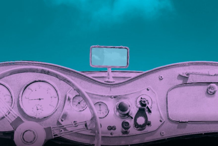 Interior dashboard and steering wheel of a vintage car, rendered in a stylised monochromatic purplish tone.