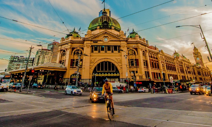 Flinders Street Station at dusk.