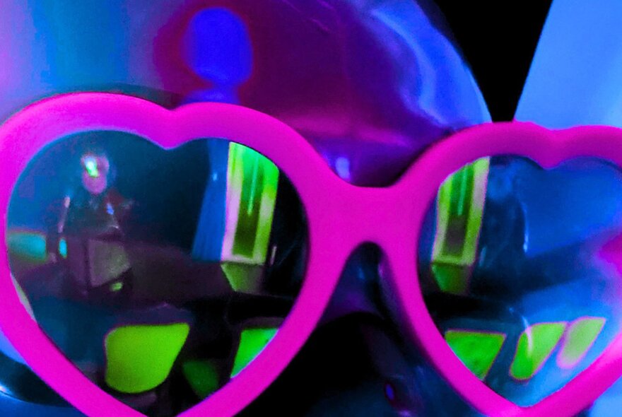 Heart-shaped sunglasses with green reflections.