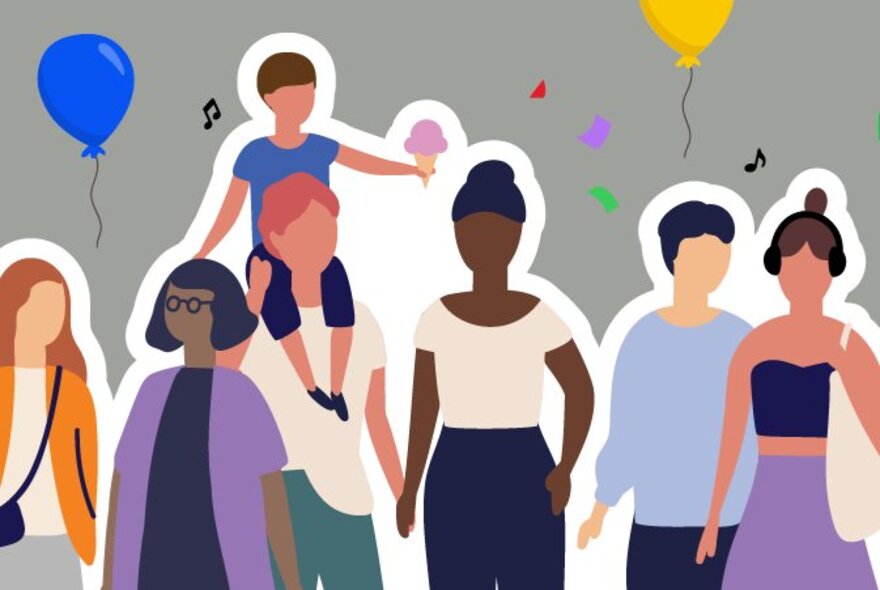 Illustration of adults and children in simple block colours enjoying themselves at a festival, with balloons and musical notes floating in the background.