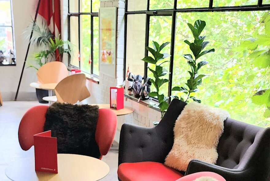 Sofa and chair draped with fur throws in a light open space with windows and plants.