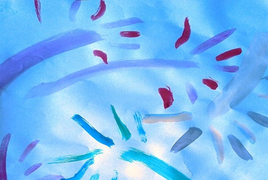 A childish abstract artwork featuring a blue cloud-like background with sweeping lines loosely depicting fireworks.