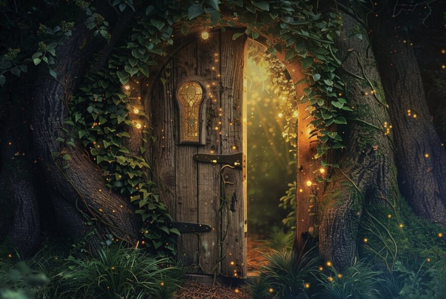 An illustrated door ajar in a forest with light drawing you in.