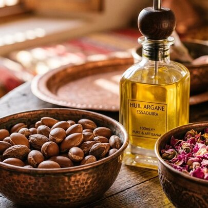 Moroccan bowls with rose petals and beans and a bottle of perfumed oil,