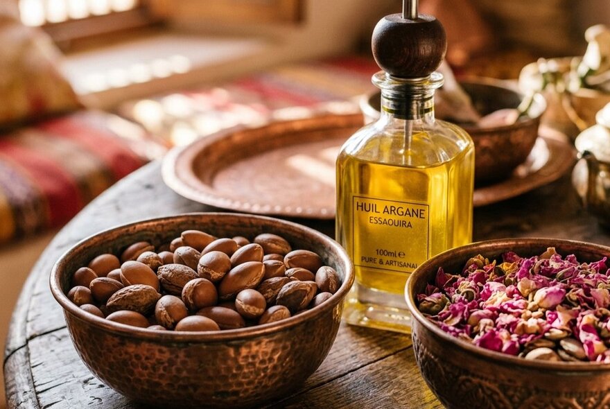 Moroccan bowls with rose petals and beans and a bottle of perfumed oil,