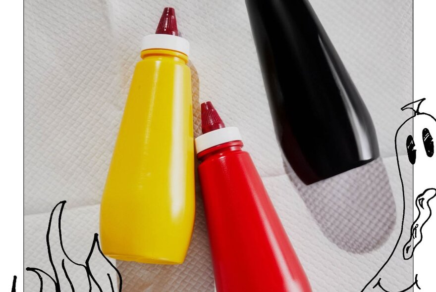 Three sauce bottles - one yellow, one red and one black - resting on their sides on a white paper napkin.