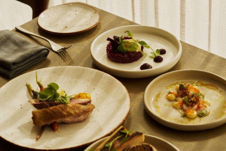 Several pates of food on a restaurant table with cutlery, next to an opaque drape.