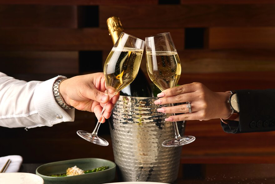 Two people clinking glasses in a toast, an ice bucket behind their glasses. 