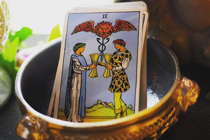 A Tarot card placed face out in a small brass bowl, on a table.
