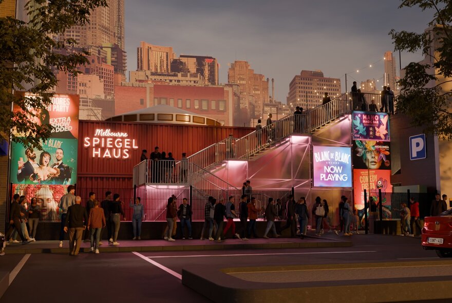 Exterior of Spiegel Haus on Lonsdale Street with patrons mingling outside on the footpath or walking up the external staircase to enter the venue, with city buildings in the background, and a road in the foreground.