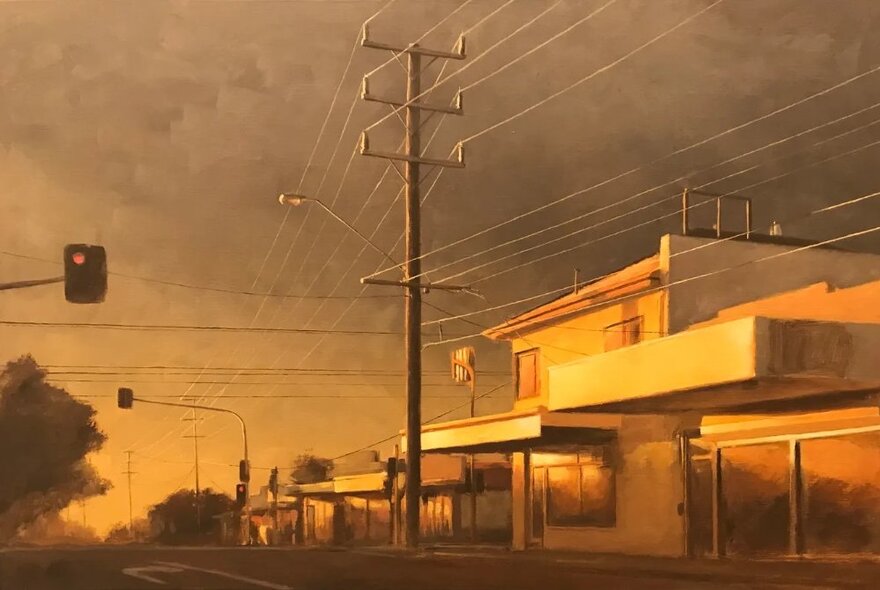 An artwork depicting a street in an Australian country town at sunset with a stormy sky in the background.