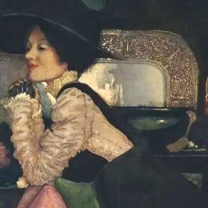 Edwardian painting of a woman wearing a silk blouse and large hat, leaning on a table with artefacts and flowers.