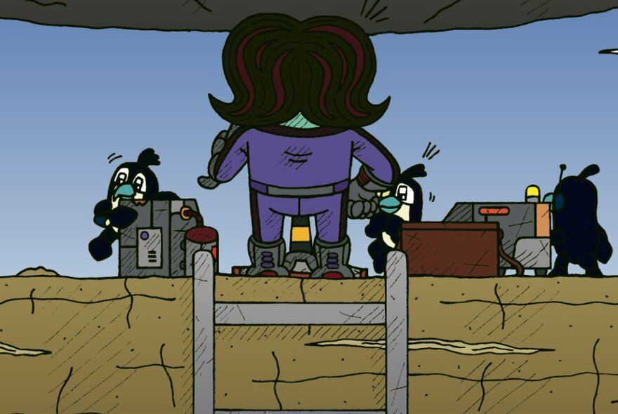 Comic book drawing of a figure standing on a platform.